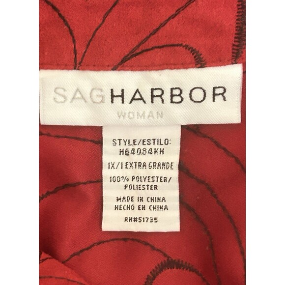 Sag Harbor Womens XL Red with Black Embroidered Floral Long Sleeve Button Up Top - Picture 5 of 8